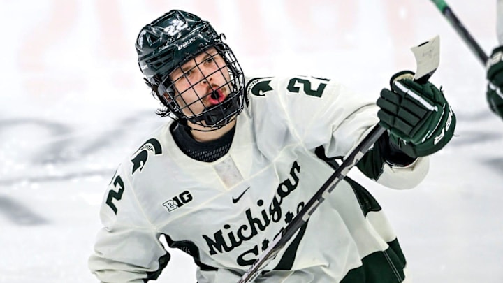 Michigan State's Isaac Howard celebrates his goal against Notre Dame during the third period in the Big Ten tournament on Saturday, March 15, 2025, at Muni Arena in East Lansing.
