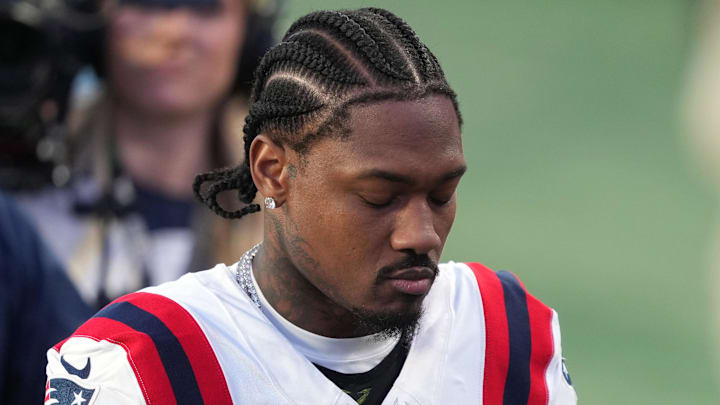 Feb 8, 2026; Santa Clara, CA, USA; New England Patriots wide receiver Stefon Diggs (8) during halftime against the Seattle Seahawks in Super Bowl LX at Levi's Stadium. Mandatory Credit: Darren Yamashita-Imagn Images