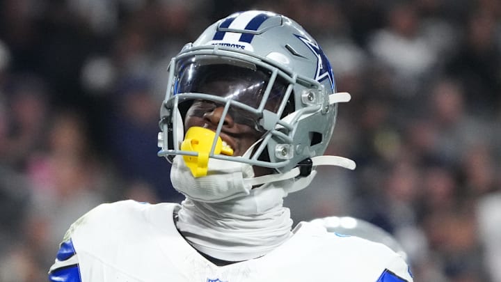 Nov 17, 2025; Paradise, Nevada, USA; Dallas Cowboys wide receiver George Pickens (3) reacts after making a catch against the Las Vegas Raiders during the second half at Allegiant Stadium. Mandatory Credit: Kirby Lee-Imagn Images