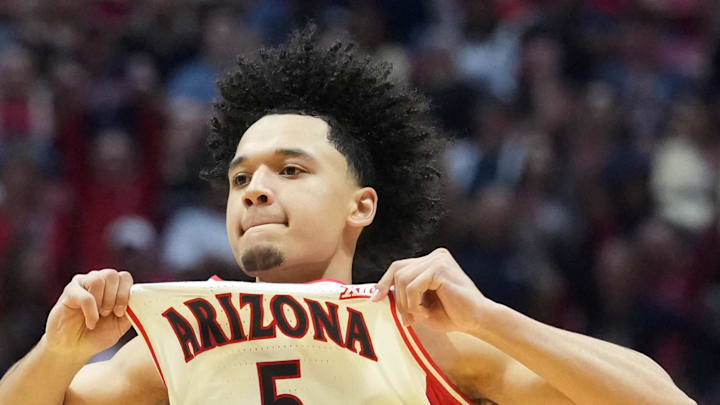 Mar 22, 2026; San Diego, CA, USA; Arizona Wildcats guard Brayden Burries (5) reacts in the second half against the Utah State Aggies during a second round game of the men's 2026 NCAA Tournament at Viejas Arena. Mandatory Credit: Kirby Lee-Imagn Images