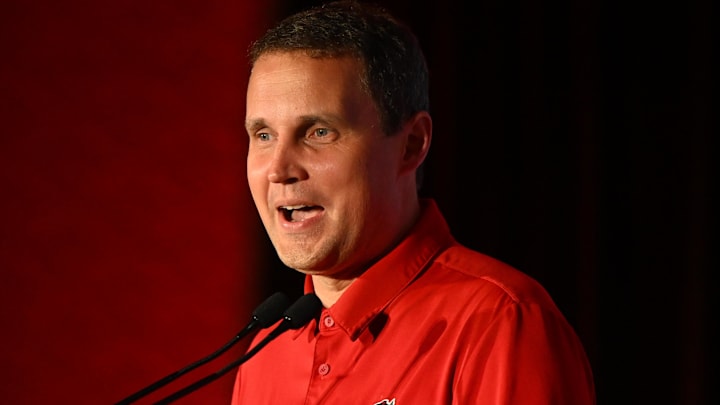 Oct 8, 2025; Charlotte, NC, USA; NC State head coach Will Wade answers questions from the media at The Hilton Charlotte Uptown. Mandatory Credit: William Howard-Imagn Images