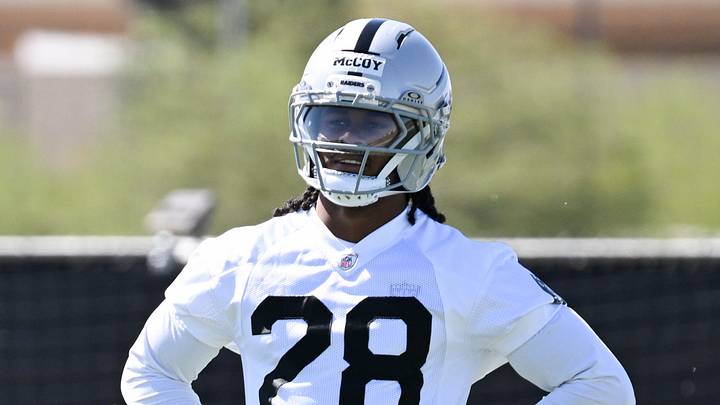Las Vegas Raiders cornerback Jermod McCoy practices during organized team activities. Las Vegas Raiders cornerback Jermod McCoy practices during organized team activities.