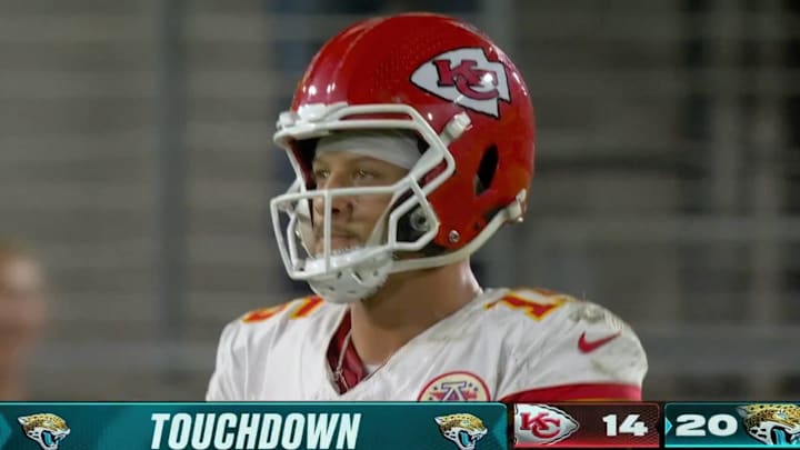 Chiefs' Patrick Mahomes threw a pick-six late in the third quarter of Monday's game against the Jaguars.