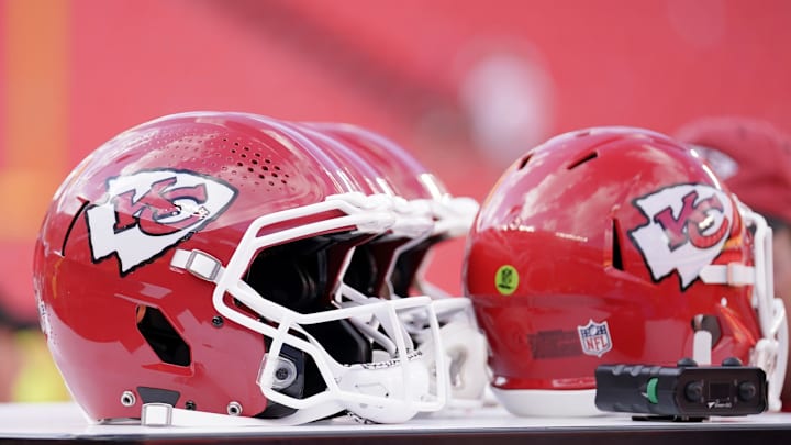 Aug 20, 2022; Kansas City, Missouri, USA; A general view of Kansas City Chiefs helmets against the Washington Commanders during the game at GEHA Field at Arrowhead Stadium. Mandatory Credit: Denny Medley-Imagn Images