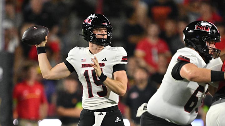 Sep 5, 2025; College Park, Maryland, USA; Northern Illinois Huskies quarterback Josh Holst (15) passes in the first half against the Maryland Terrapins at SECU Stadium. 