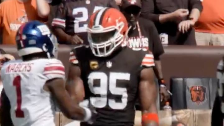 Nabers and Garrett shake hands during the New York Giants vs. Cleveland Browns game in Week 3.