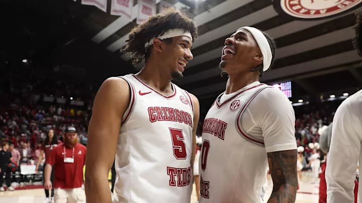 Alabama forward Amari Allen (5) and Alabama guard Labaron Philon (0) celebrates at Coleman Coliseum in Tuscaloosa, AL on Wednesday, Feb 18, 2026.