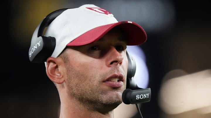 Arizona Cardinals head coach Jonathan Gannon watches from the sidelines as they play against the Las Vegas Raiders at State Farm Stadium in Glendale, on Aug. 23, 2025.