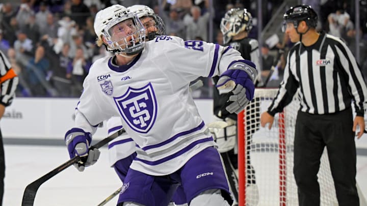 Freshman Nathan Pilling scored on the first goal for the St. Thomas men's hockey team in new Lee & Penny Anderson Arena on Friday, Oct. 24, 2025. It was a shorthanded goal against No. 15 Providence. Freshman Nathan Pilling scored on the first goal for the St. Thomas men's hockey team in new Lee & Penny Anderson Arena on Friday, Oct. 24, 2025. It was a shorthanded goal against No. 15 Providence.