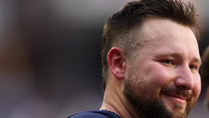 American League catcher Cal Raleigh (29) of the Seattle Mariners looks on during the 2025 MLB All Star Game at Truist Park. 