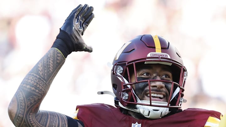 Washington Commanders linebacker Frankie Luvu celebrates after making a play Dallas Cowboys. Washington Commanders linebacker Frankie Luvu celebrates after making a play Dallas Cowboys.