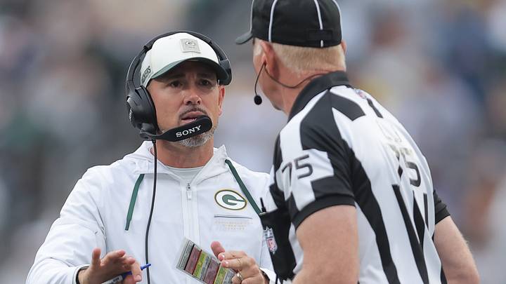 Green Bay Packers head coach Matt LaFleur questions an official during Sunday's game. Green Bay Packers head coach Matt LaFleur questions an official during Sunday's game.
