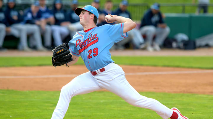 Chiefs pitcher Pete Hansen throws against the Michigan Whitecaps on Wednesday, May 15, 2024 at Dozer Park in Peoria. Chiefs pitcher Pete Hansen throws against the Michigan Whitecaps on Wednesday, May 15, 2024 at Dozer Park in Peoria.