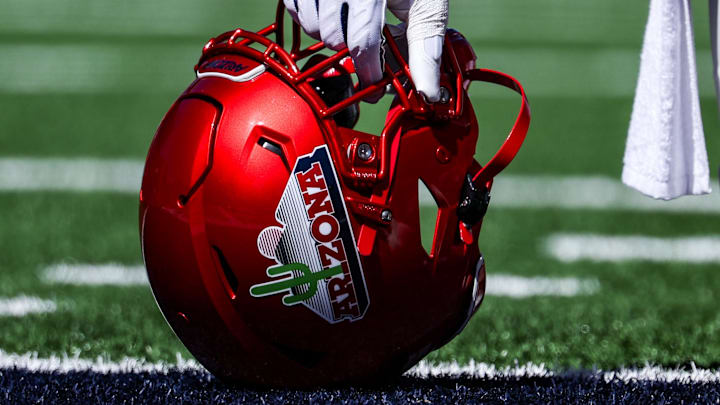 Oct 4, 2025; Tucson, Arizona, USA; The helmet of an Arizona Wildcats player is seen in the end zone before the ga,e against the Oklahoma State Cowboys at Arizona Stadium. Mandatory Credit: Aryanna Frank-Imagn Images