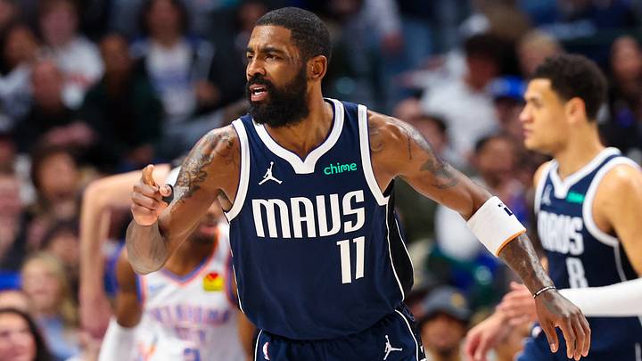 Feb 10, 2024; Dallas, Texas, USA; Dallas Mavericks guard Kyrie Irving (11) reacts after scoring during the first half against the Oklahoma City Thunder at American Airlines Center. Mandatory Credit: Kevin Jairaj-USA TODAY Sports