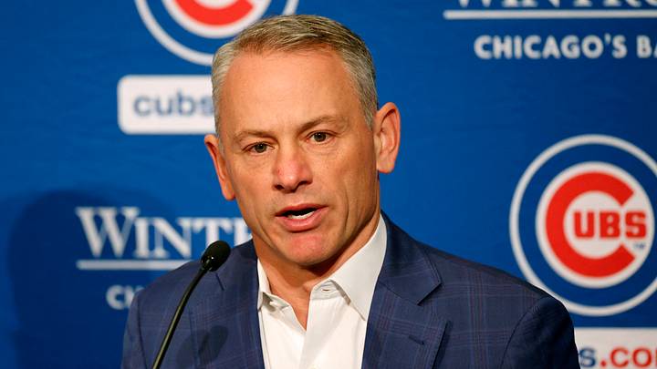 Jan 12, 2024; Chicago, IL, USA; Chicago Cubs president of baseball operations Jed Hoyer talks to the media after introducing pitcher Shota Imanaga (not pictured) during a press conference at Loews Chicago Hotel. Mandatory Credit: Kamil Krzaczynski-USA TODAY Sports