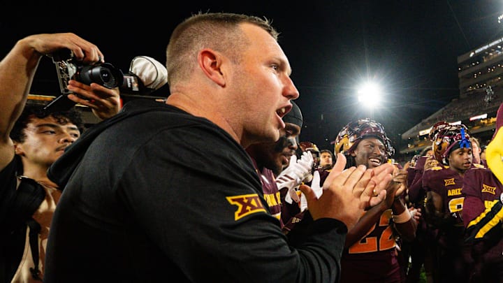 Sep 13, 2025; Tempe, Arizona, USA; Arizona State Sun Devils running back Raleek Brown (3)  and Arizona State Sun Devils head coach Kenny Dillingham lead the fight song after the game between Arizona State Sun Devils and Texas State Bobcats. Mandatory Credit: Arianna Grainey-Imagn Images