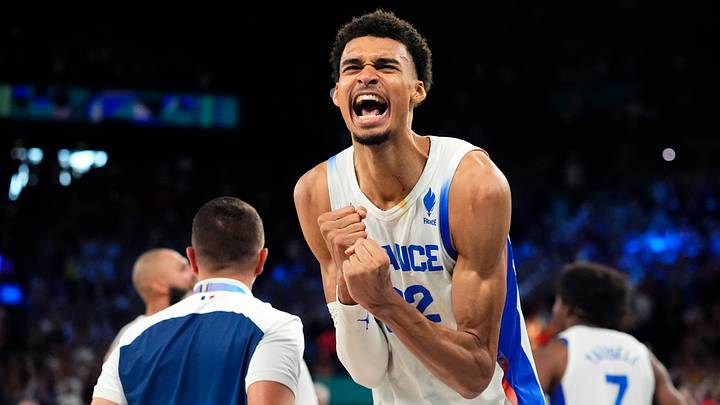 Aug 8, 2024; Paris, France; France power forward Victor Wembanyama (32) celebrates during the second half against Germany in a men's basketball semifinal game during the Paris 2024 Olympic Summer Games at Accor Arena. Aug 8, 2024; Paris, France; France power forward Victor Wembanyama (32) celebrates during the second half against Germany in a men's basketball semifinal game during the Paris 2024 Olympic Summer Games at Accor Arena.