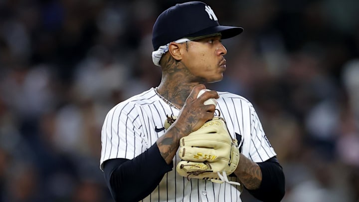 Sep 25, 2024; Bronx, New York, USA; New York Yankees starting pitcher Marcus Stroman (0) reacts during the fourth inning against the Baltimore Orioles at Yankee Stadium