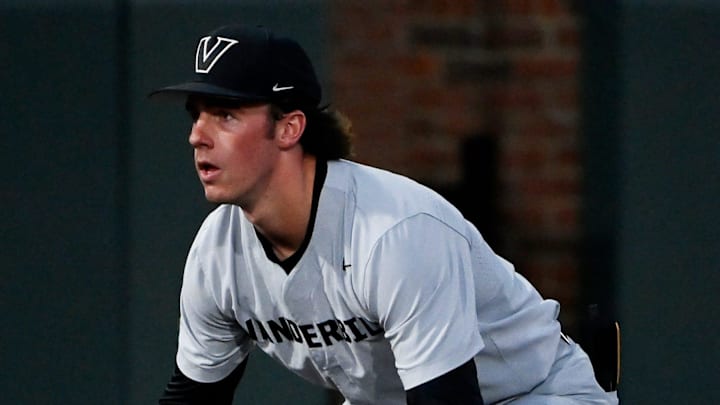 Vanderbilt third baseman Brodie Johnston (9) play against Tennessee Tech in the fifth inning of an NCAA college baseball game at Hawkins Field Tuesday, Feb. 25, 2025, in Nashville, Tenn.