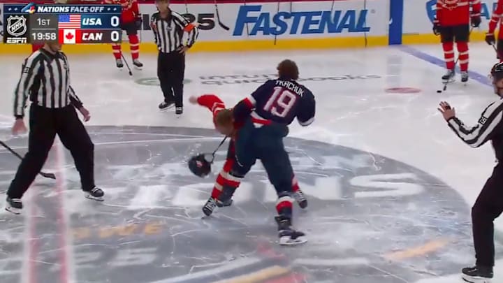 Matt Tkachuk and Brandon Hagel fight two seconds into USA vs. Canada.