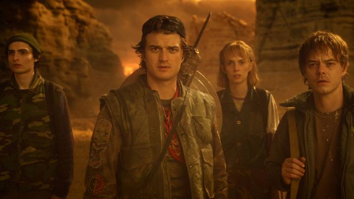 STRANGER THINGS: SEASON 5. (L to R) Finn Wolfhard as Mike Wheeler, Joe Keery as Steve Harrington, Maya Hawke as Robin Buckley, and Charlie Heaton as Jonathan Byers in Stranger Things: Season 5.