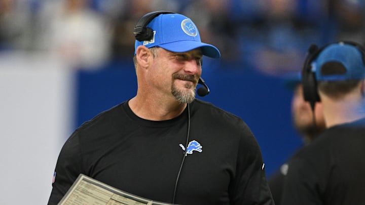Detroit Lions head football coach Dan Campbell smiles on the sidelines before the game against the Colts Detroit Lions head football coach Dan Campbell smiles on the sidelines before the game against the Colts