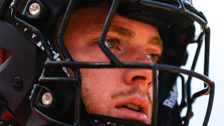 Oct 5, 2024; Raleigh, North Carolina, USA;  North Carolina State Wolfpack linebacker Caden Fordham (10) looks on prior to the first half of the game against Wake Forest Demon Deacons at Carter-Finley Stadium. Mandatory Credit: Jaylynn Nash-Imagn Images