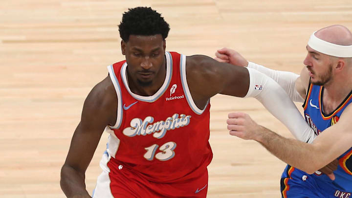 Apr 26, 2025; Memphis, Tennessee, USA; Memphis Grizzlies forward Jaren Jackson Jr. (13) dribbles as Oklahoma City Thunder guard Alex Caruso (9) defends during the first quarterduring game four for the first round of the 2024 NBA Playoffs at FedExForum. Mandatory Credit: Petre Thomas-Imagn Images Apr 26, 2025; Memphis, Tennessee, USA; Memphis Grizzlies forward Jaren Jackson Jr. (13) dribbles as Oklahoma City Thunder guard Alex Caruso (9) defends during the first quarterduring game four for the first round of the 2024 NBA Playoffs at FedExForum. Mandatory Credit: Petre Thomas-Imagn Images