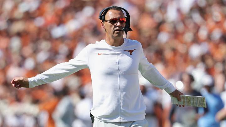 Texas Longhorns head coach Steve Sarkisian looks on before the game against the Oklahoma Sooners at Cotton Bowl. Texas Longhorns head coach Steve Sarkisian looks on before the game against the Oklahoma Sooners at Cotton Bowl.