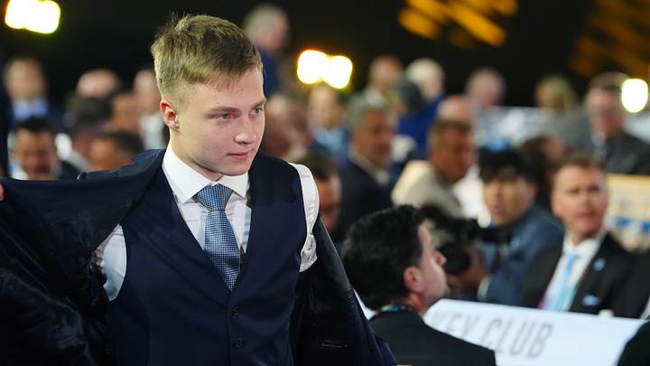 Jun 28, 2024; Las Vegas, Nevada, USA; Egor Surin is selected by the Nashville Predators with the 22nd-overall pick in the 2024 NHL Draft at The Sphere.