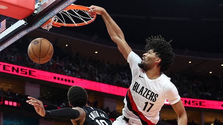 Nov 14, 2025; Houston, Texas, USA; Portland Trail Blazers guard Shaedon Sharpe (17) dunks the ball as Houston Rockets forward Jabari Smith Jr. (10) defends during the third quarter at Toyota Center. Mandatory Credit: Troy Taormina-Imagn Images Nov 14, 2025; Houston, Texas, USA; Portland Trail Blazers guard Shaedon Sharpe (17) dunks the ball as Houston Rockets forward Jabari Smith Jr. (10) defends during the third quarter at Toyota Center. Mandatory Credit: Troy Taormina-Imagn Images