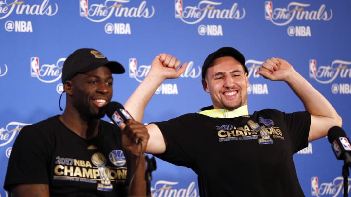 Jun 12, 2017; Oakland, CA, USA; Golden State Warriors forward Draymond Green (left) and guard Klay Thompson (right) at a press conference after game five of the 2017 NBA Finals against the Cleveland Cavaliers at Oracle Arena. Mandatory Credit: Cary Edmondson-USA TODAY Sports