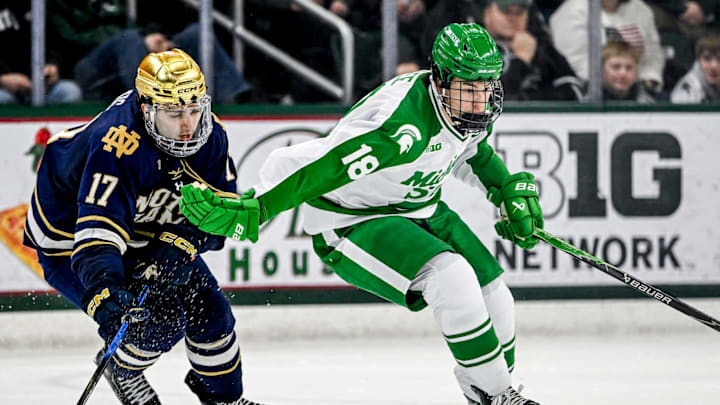 Michigan State's Ryker Lee, right, fends off Notre Dame's Pano Fimis during the third period on Thursday, Feb. 19, 2026, at the Munn Ice Arena in East Lansing.