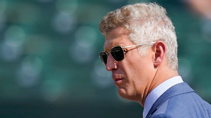 Jul 27, 2022; Baltimore, Maryland, USA; Baltimore Orioles general manager Mike Elias stands oil the field before the game against the Tampa Bay Rays at Oriole Park at Camden Yards Jul 27, 2022; Baltimore, Maryland, USA; Baltimore Orioles general manager Mike Elias stands oil the field before the game against the Tampa Bay Rays at Oriole Park at Camden Yards
