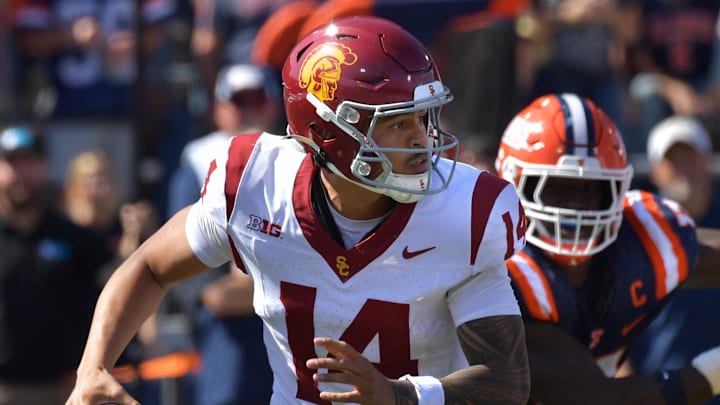 Southern California Trojans quarterback Jayden Maiava (14) has completed 70.5% of his passes for 1,587 yards, 11 touchdowns and just one interception. Southern California Trojans quarterback Jayden Maiava (14) has completed 70.5% of his passes for 1,587 yards, 11 touchdowns and just one interception.