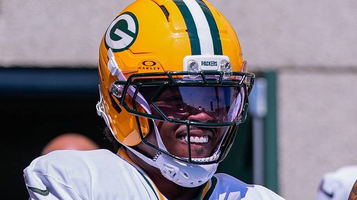 Green Bay Packers running back Josh Jacobs (8) is shown before a practice at training camp.