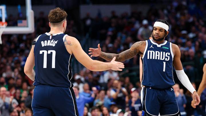 Dec 23, 2023; Dallas, Texas, USA; Dallas Mavericks guard Luka Doncic (77) celebrates with Dallas Mavericks guard Jaden Hardy (1) during the first quarter against the San Antonio Spurs at American Airlines Center. Mandatory Credit: Kevin Jairaj-USA TODAY Sports Dec 23, 2023; Dallas, Texas, USA; Dallas Mavericks guard Luka Doncic (77) celebrates with Dallas Mavericks guard Jaden Hardy (1) during the first quarter against the San Antonio Spurs at American Airlines Center. Mandatory Credit: Kevin Jairaj-USA TODAY Sports