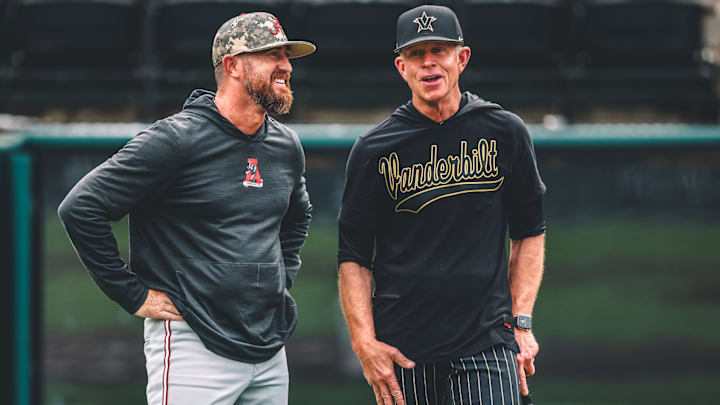 Alabama head coach Rob Vaughn, left, talks with Vanderbilt head coach Tim Corbin before Friday's SEC series opener at Hawkins Field. Alabama head coach Rob Vaughn, left, talks with Vanderbilt head coach Tim Corbin before Friday's SEC series opener at Hawkins Field.