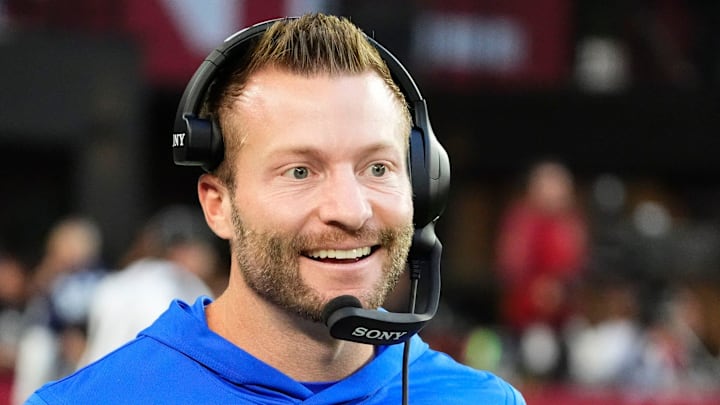 Los Angeles Rams head coach Sean McVay smiles after a touchdown by wide receiver Puka Nacua (12) against the Arizona Cardinals in the second half at State Farm Stadium on Dec 7, 2025, in Glendale, Ariz. Los Angeles Rams head coach Sean McVay smiles after a touchdown by wide receiver Puka Nacua (12) against the Arizona Cardinals in the second half at State Farm Stadium on Dec 7, 2025, in Glendale, Ariz.