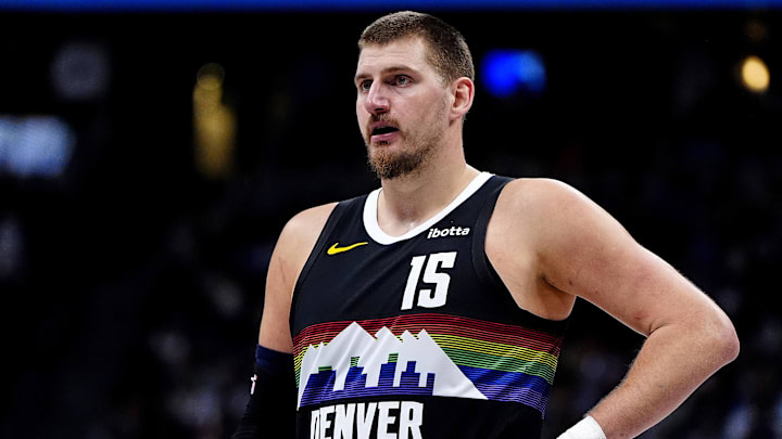 Dec 25, 2025; Denver, Colorado, USA; Denver Nuggets center Nikola Jokic (15) during the second half against the Minnesota Timberwolves at Ball Arena.