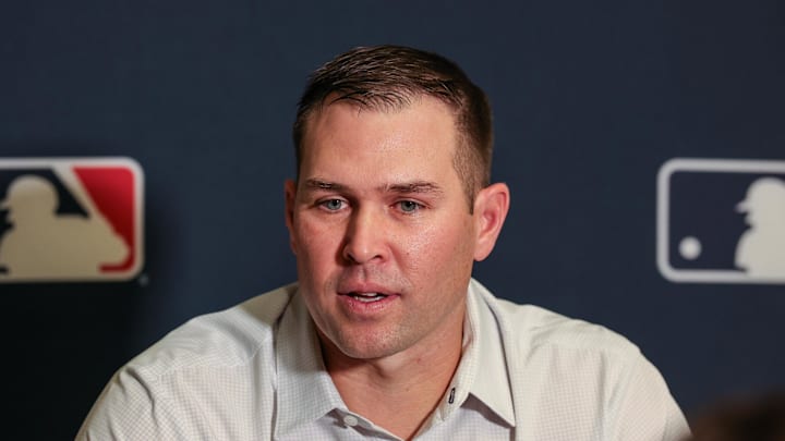 Craig Stammen speaks with the media during the 2025 MLB Winter Meetings at Signia by Hilton Hotel. 
