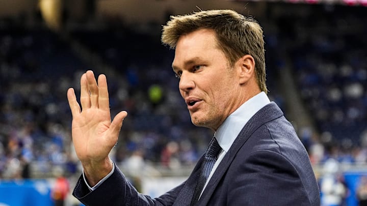 Tom Brady waves at Detroit Lions fans at Ford Field in Detroit on Sunday, November 2, 2025.