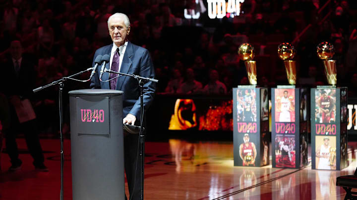 Jan 19, 2024; Miami, Florida, USA; Miami Heat president Pat Riley speaks during the jersey retirement ceremony for former player Udonis Haslem during halftime of the game between the Miami Heat and the Atlanta Hawks at Kaseya Center. Mandatory Credit: Jasen Vinlove-Imagn Images