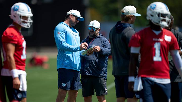 Tennessee Titans Tight Ends Coach Luke Stocker, second left, and Offensive Coordinator Brian Daboll talk during team practice Vanderbilt Health Football Center Tuesday, Sept. 1, 2026. Tennessee Titans Tight Ends Coach Luke Stocker, second left, and Offensive Coordinator Brian Daboll talk during team practice Vanderbilt Health Football Center Tuesday, Sept. 1, 2026.