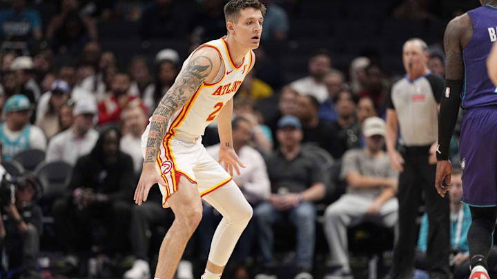 Mar 18, 2025; Charlotte, North Carolina, USA;  Atlanta Hawks guard Vit Krejci (27) during second quarter against the Charlotte Hornets at Spectrum Center. Mandatory Credit: Jim Dedmon-Imagn Images