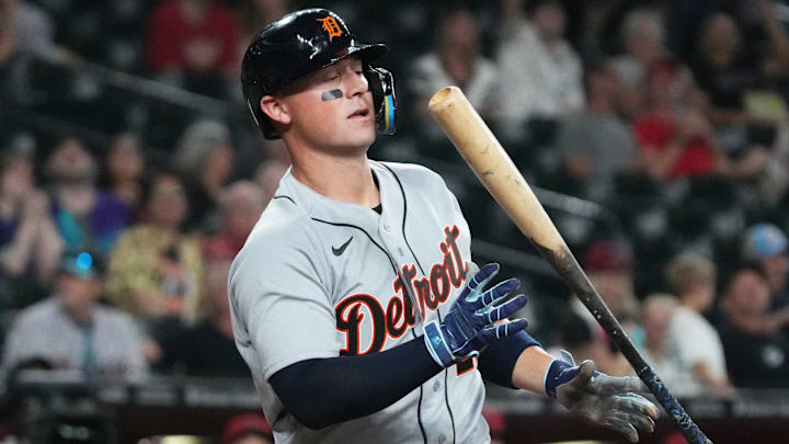 Detroit Tigers first baseman Spencer Torkelson reacts after missing a pitch.