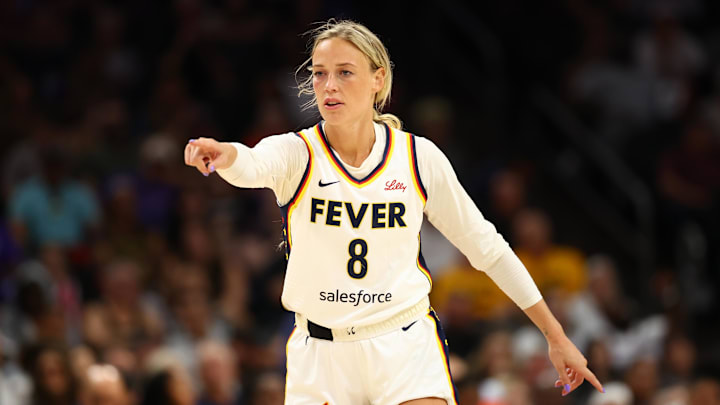 Aug 7, 2025; Phoenix, Arizona, USA; Indiana Fever guard Sophie Cunningham (8) reacts against the Phoenix Mercury during an WNBA game at PHX Arena. Mandatory Credit: Mark J. Rebilas-Imagn Images