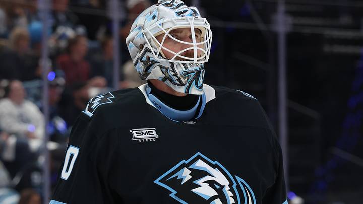 May 1, 2026; Salt Lake City, Utah, USA; Utah Mammoth goaltender Karel Vejmelka (70) looks on during the third period in game six of the first round of the 2026 Stanley Cup Playoffs against the Vegas Golden Knights at Delta Center. Mandatory Credit: Rob Gray-Imagn Images