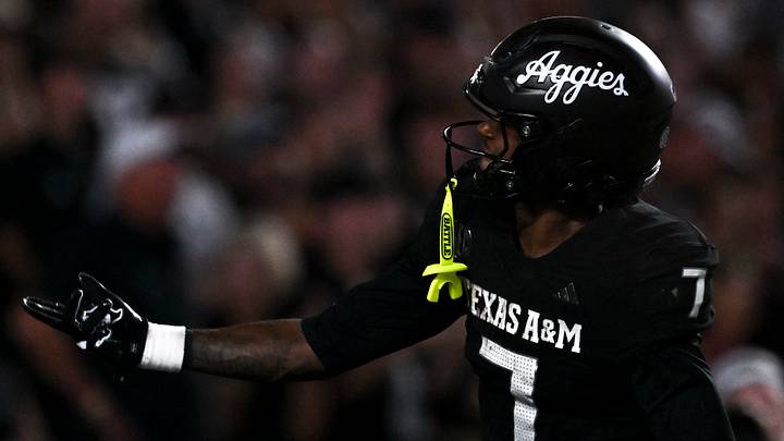 Texas A&M Aggies wide receiver KC Concepcion (7) reacts after scoring a touchdown during the third quarter against the Mississippi State Bulldogs at Kyle Field. Texas A&M Aggies wide receiver KC Concepcion (7) reacts after scoring a touchdown during the third quarter against the Mississippi State Bulldogs at Kyle Field.